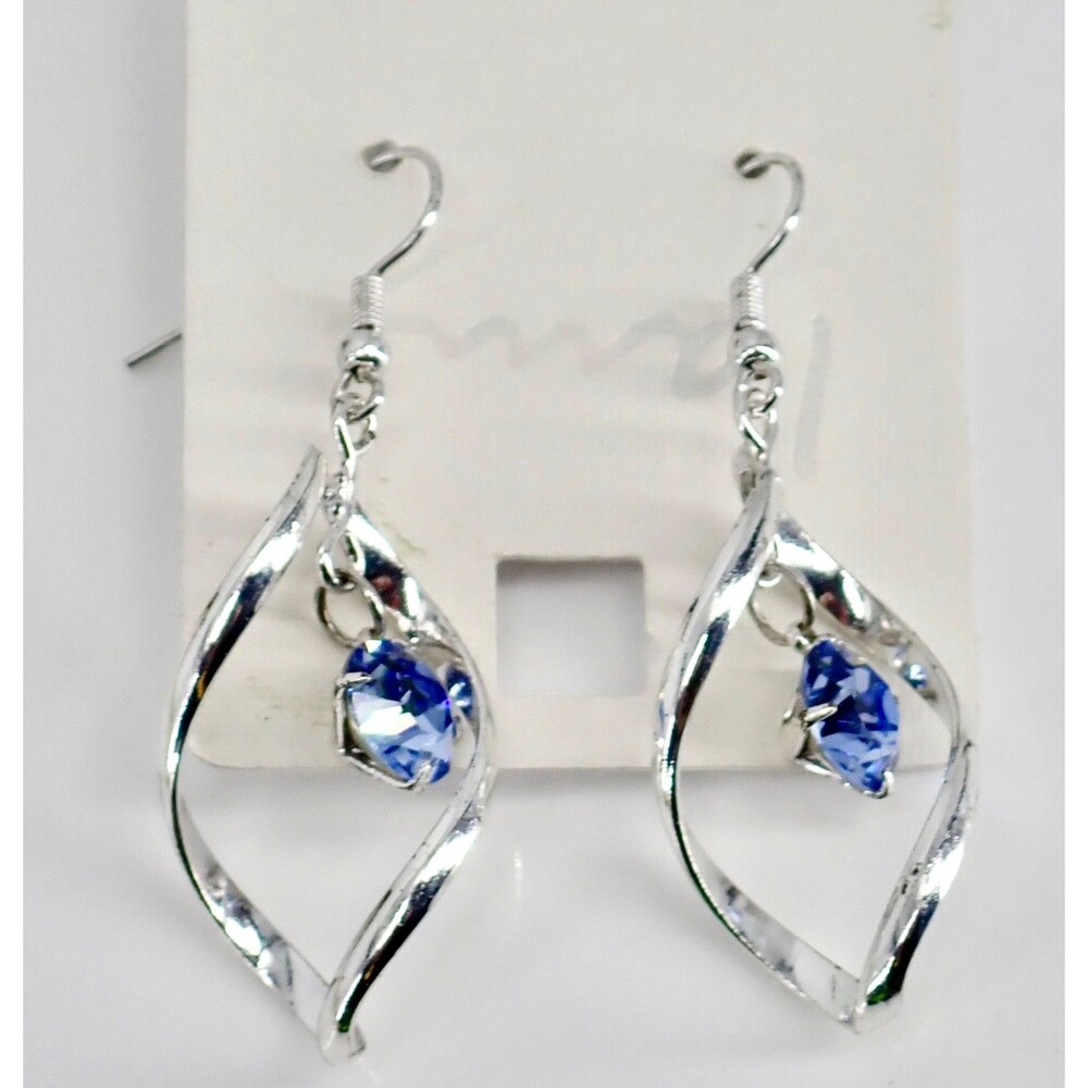 "I AM" SILVER TONE BLUE CRYSTAL PIERCED DANGLE DROP EARRINGS New W/Tags 2" Drop